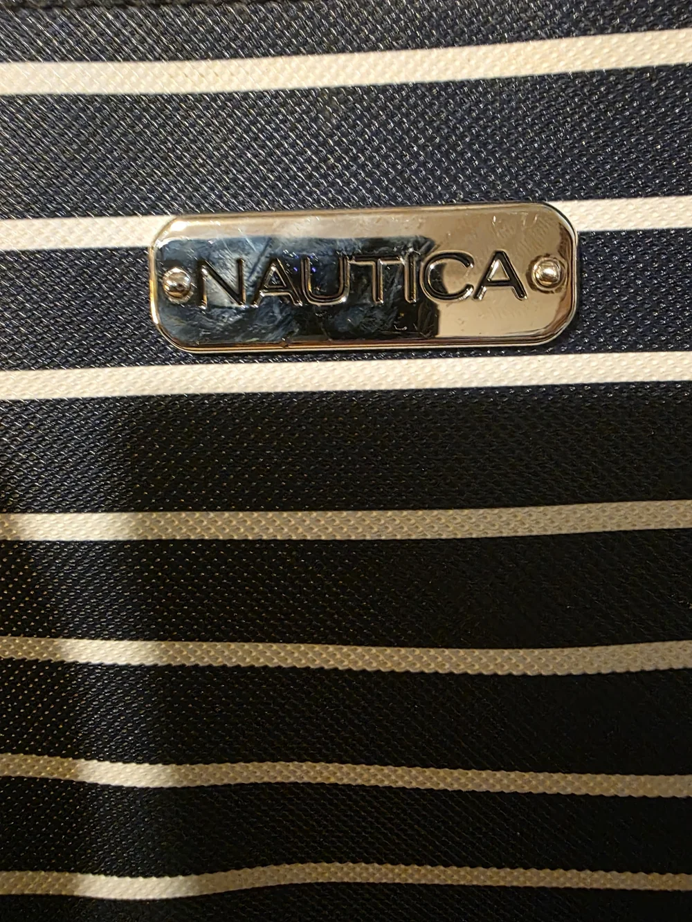 Nautica Navy and White Striped Tote with Tan Handles